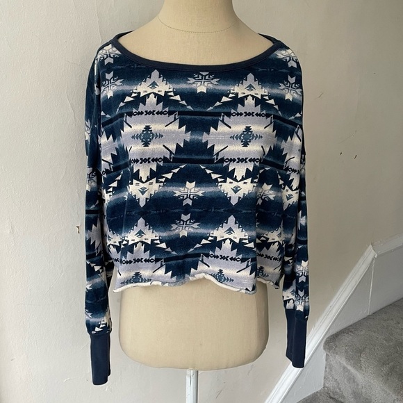 Denim & Supply Ralph Lauren Blue Ivory South West Aztec Crop Sweatshirt EUC XS - Picture 2 of 8